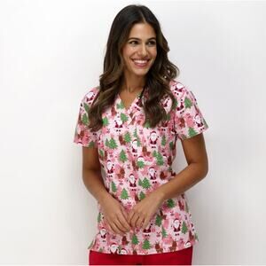 Cassandra O Christmas Pink Scrub Top Santa's Deer Holiday V-Neck Women's Size S